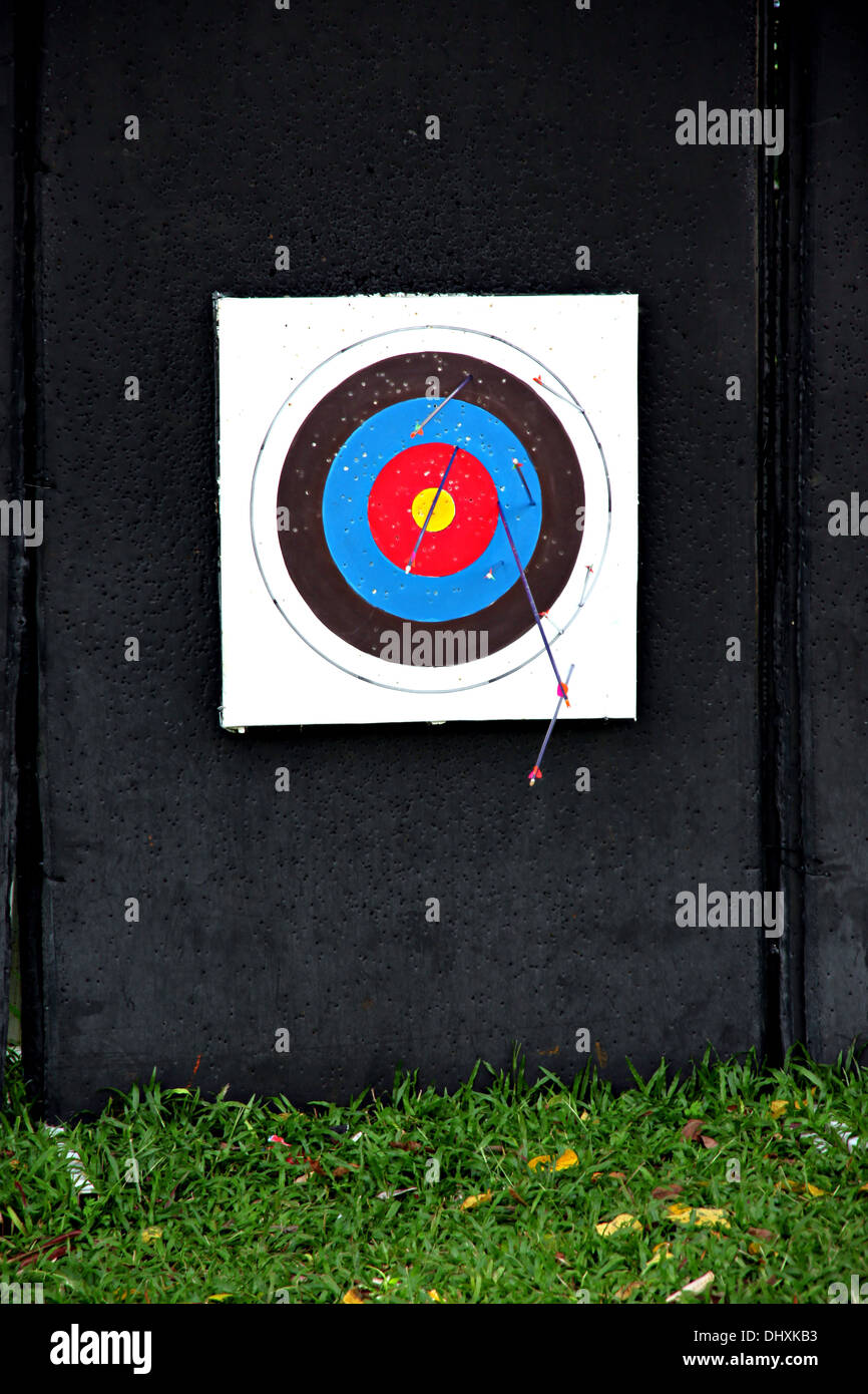 L'immagine bersaglio tiro con l'arco e molti freccia dopo shoot. Foto Stock