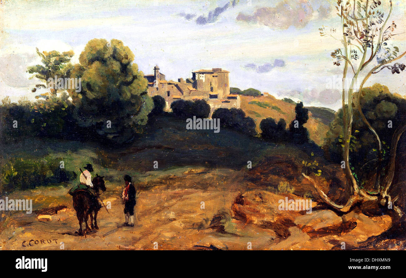 Vista di Genzano con un motociclista e Contadino - da Camille Corot, 1743 Foto Stock