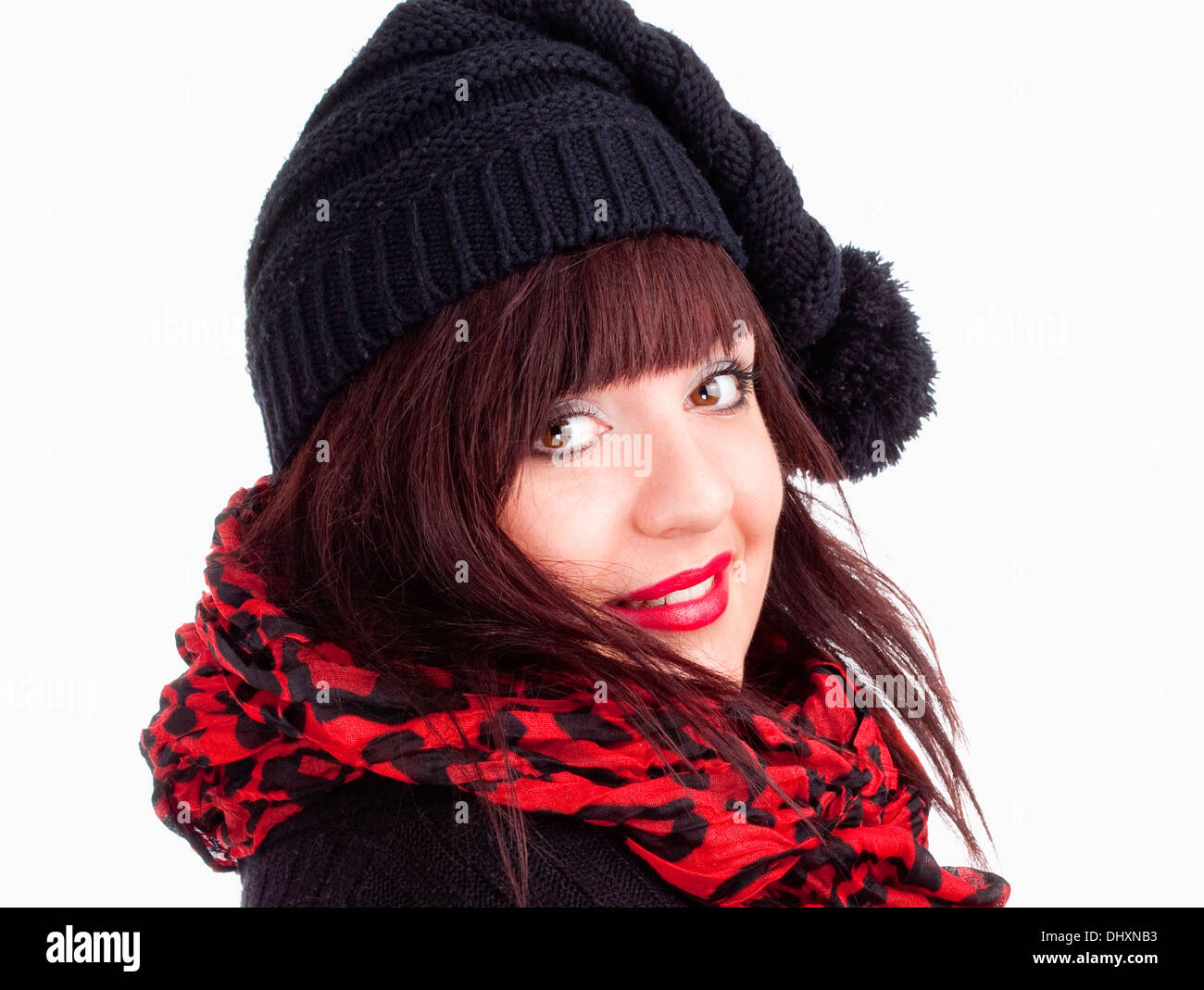 Ritratto di una giovane donna nel cappuccio nero - Isolato su bianco Foto Stock