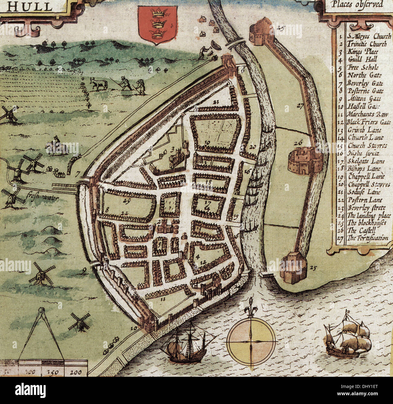 Mappa vecchia di Hull, Inghilterra, da Giovanni velocità, 1611 Foto Stock