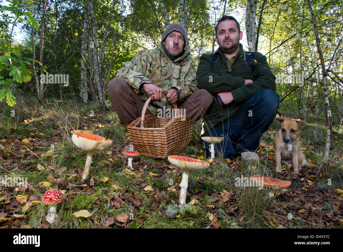 Fungo rovistando su un vecchio paesaggistici miniera di carbone a Radstock, Somerset, Regno Unito con Kris Mouse (manto verde) e Fraser Christian (Camouflage) Foto Stock