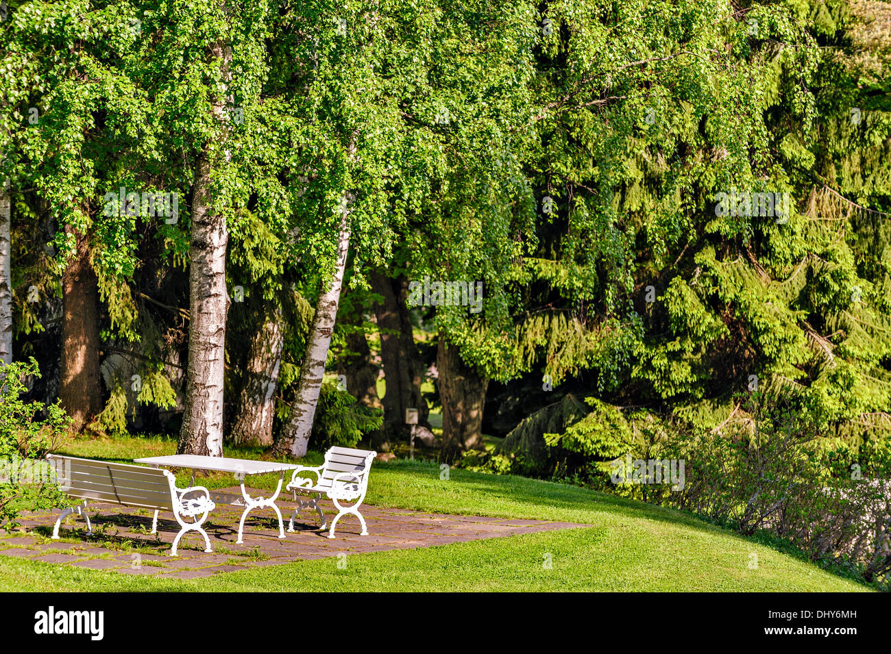 White tavolo e sedie sul prato in giardino Foto Stock