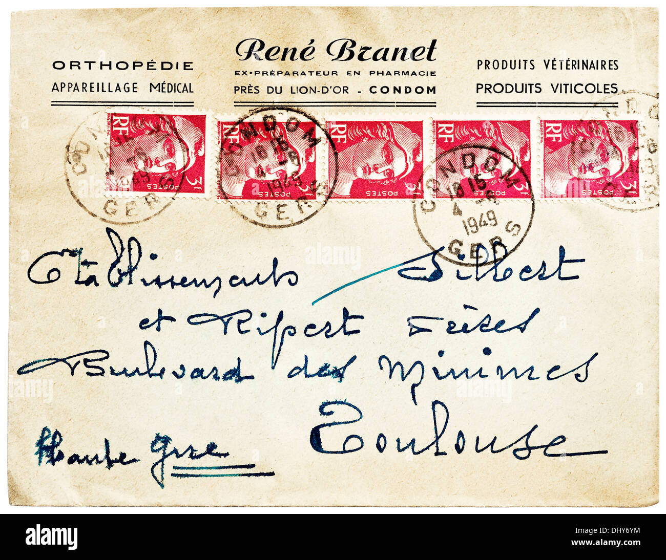 1949 Lettera francese con timbro postale preservativo, Gers, la Francia con 5 Marianne de Gandon francobolli apposti. Foto Stock
