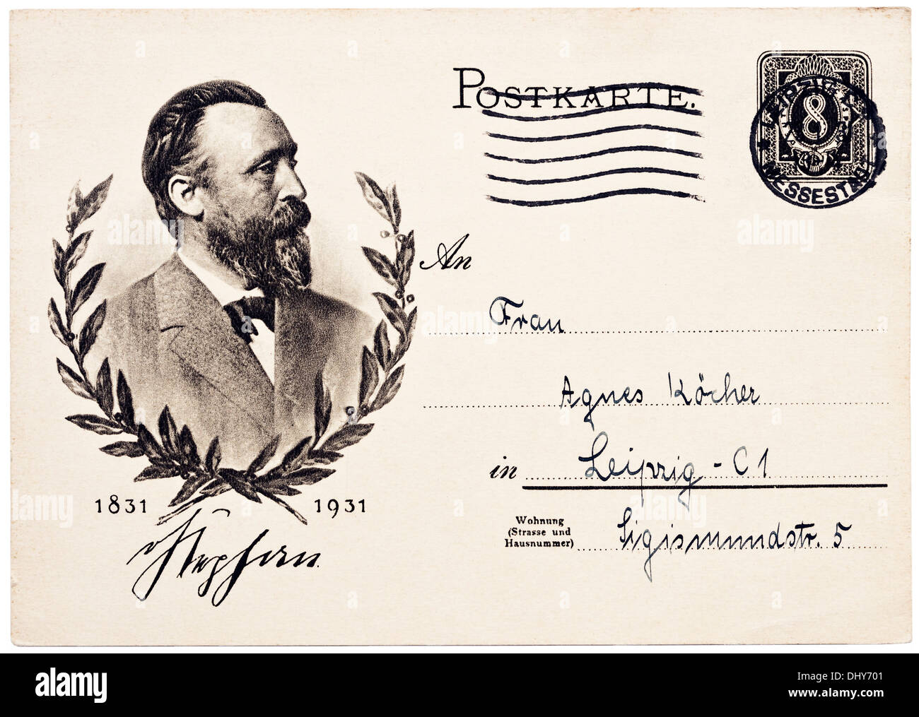 1931 tedesco Heinrich von Stephan centenario anniversario 8 pfennig cartolina con timbro postale di Lipsia. Foto Stock