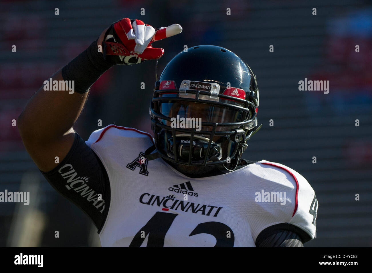 Piscataway, New Jersey, USA. Xvi Nov, 2013. Novembre 16, 2013: Cincinnati Bearcats linebacker Nick tempio (43) gesto durante il gioco tra Cincinnati Bearcats e Rutgers Scarlet Knights al culmine Solutions Stadium di Piscataway, NJ. I Cincinnati Bearcats sconfiggere la Rutgers Scarlet Knights 52-17. Credito: csm/Alamy Live News Foto Stock