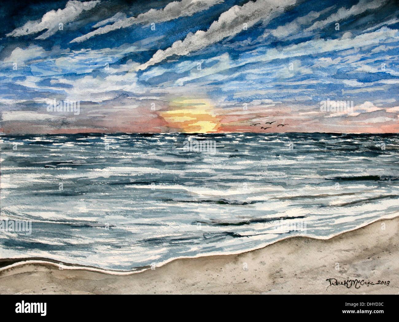 Tramonto sulla spiaggia la pittura ad acquerello Foto Stock