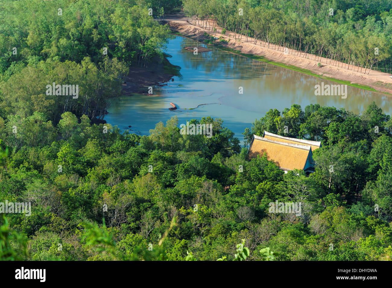 Padiglione tetto giallo sul fiume ad albero. Foto Stock