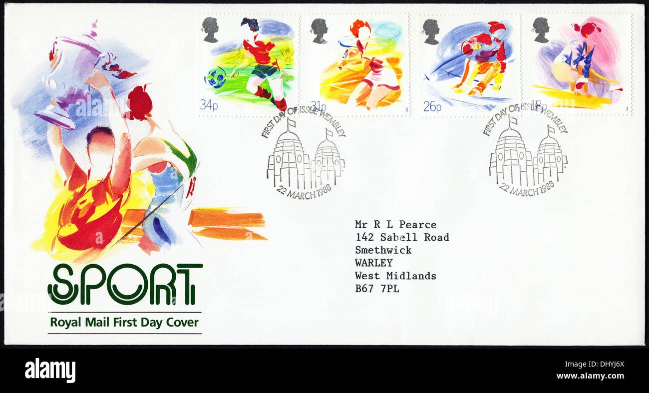 Commemorative Royal Mail 18p 26p, 31p e 34p francobollo primo giorno coperchio per Sport problema farà fede il timbro postale Wembley 22 Marzo 1988 Foto Stock