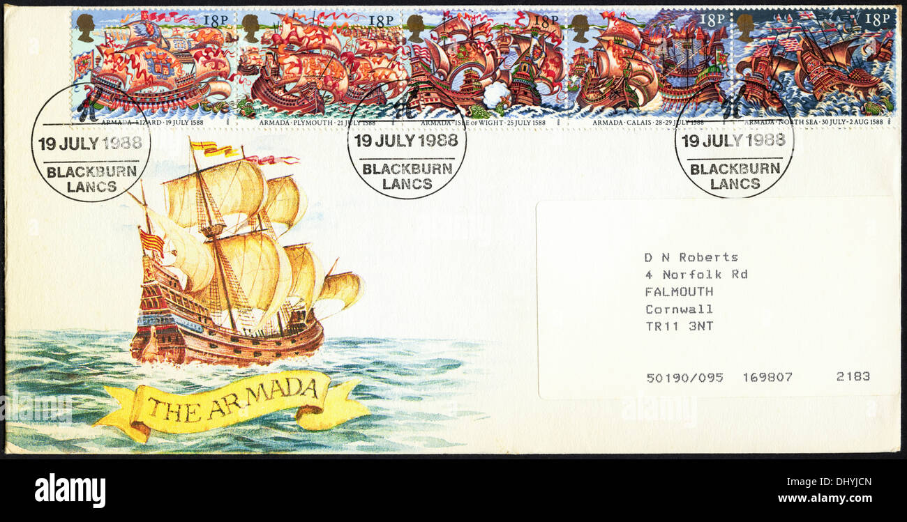 Commemorative Post Office 18p francobollo primo giorno coperchio per la Armada problema con timbro postale Blackburn Lancs 19 Luglio 1988 Foto Stock