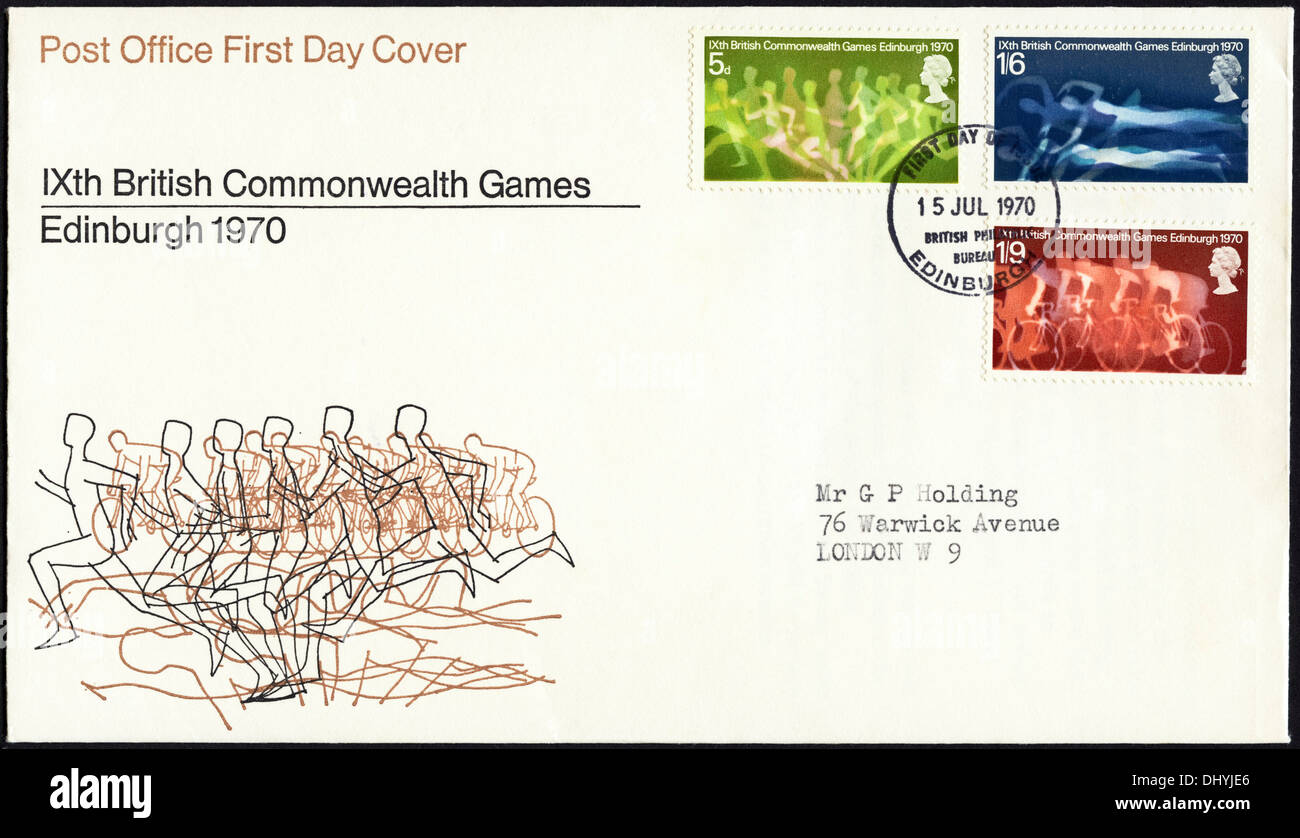 Commemorative Ufficio Postale 5d 1s/6D & 1s/9D francobollo primo giorno coperchio per 1970 Giochi del Commonwealth problema con timbro postale Edinburgh 15 Luglio 1970 Foto Stock