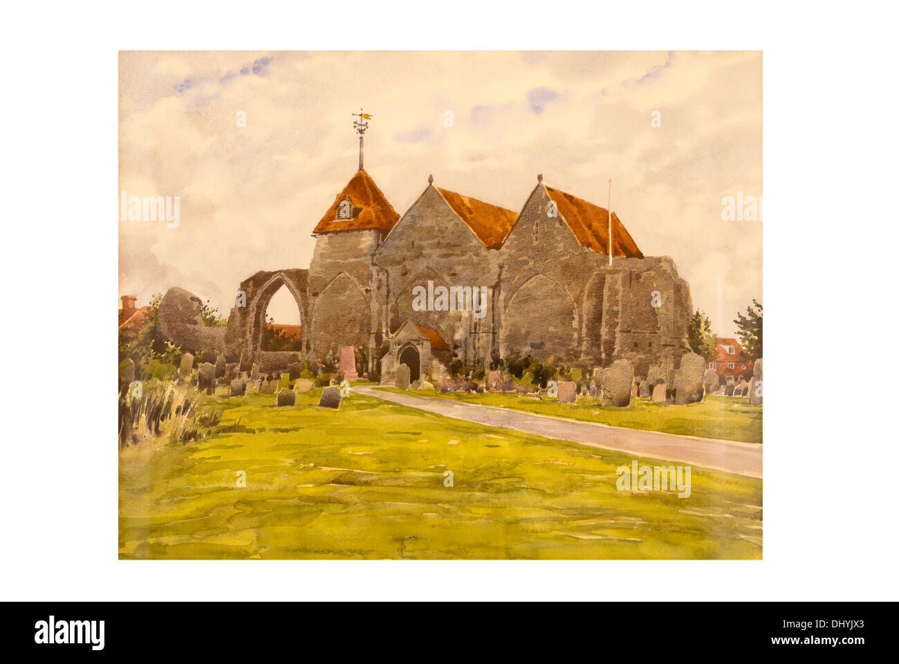 La pittura ad acquerello della Chiesa Parrocchiale di San Tommaso martire Winchelsea East Sussex England Foto Stock