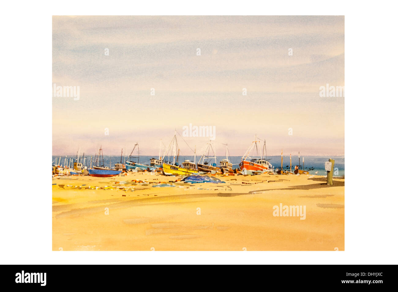 La pittura ad acquerello di barche da pesca sul Stade a Hastings East Sussex England Foto Stock