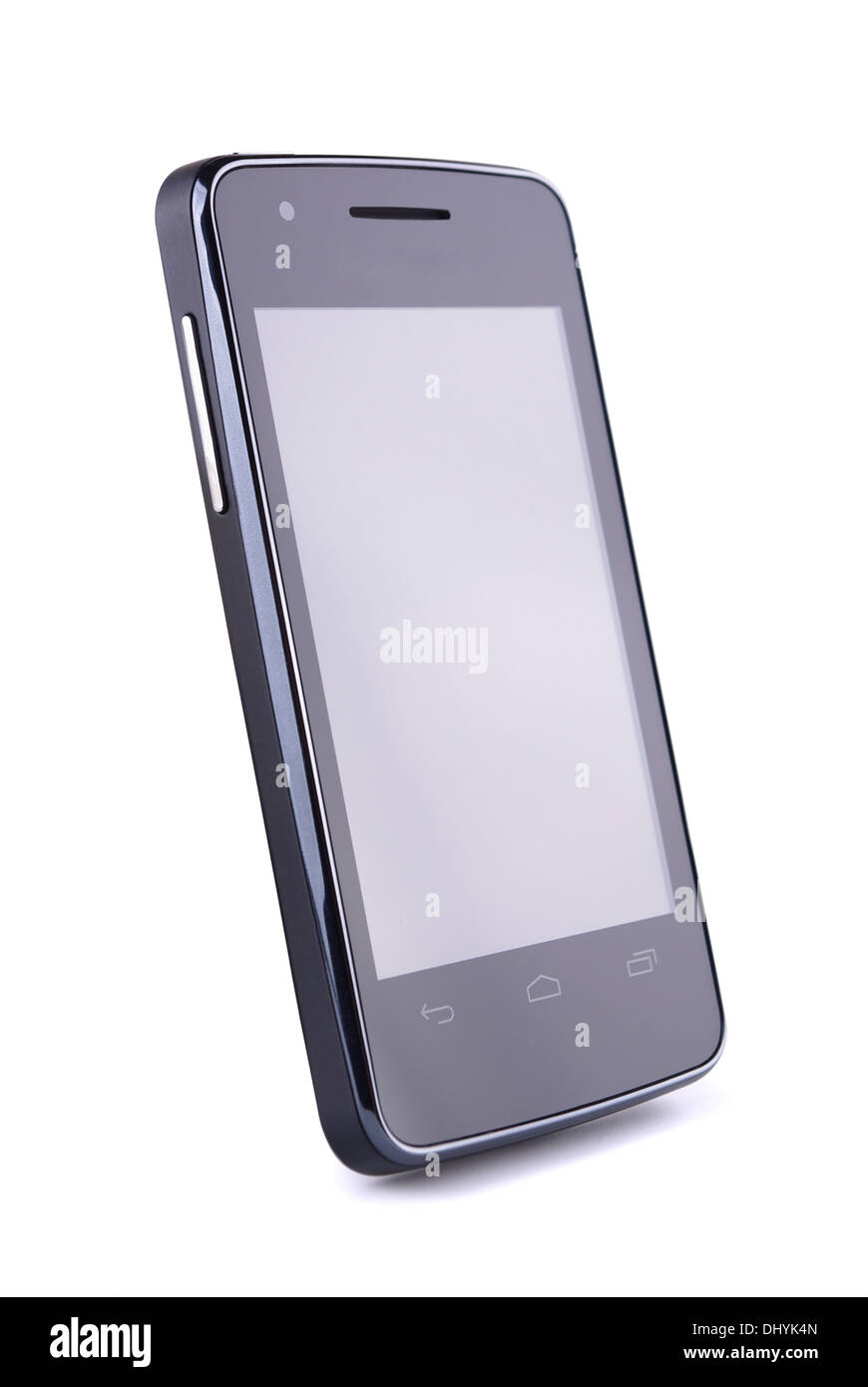 Smartphone nero su sfondo bianco Foto Stock