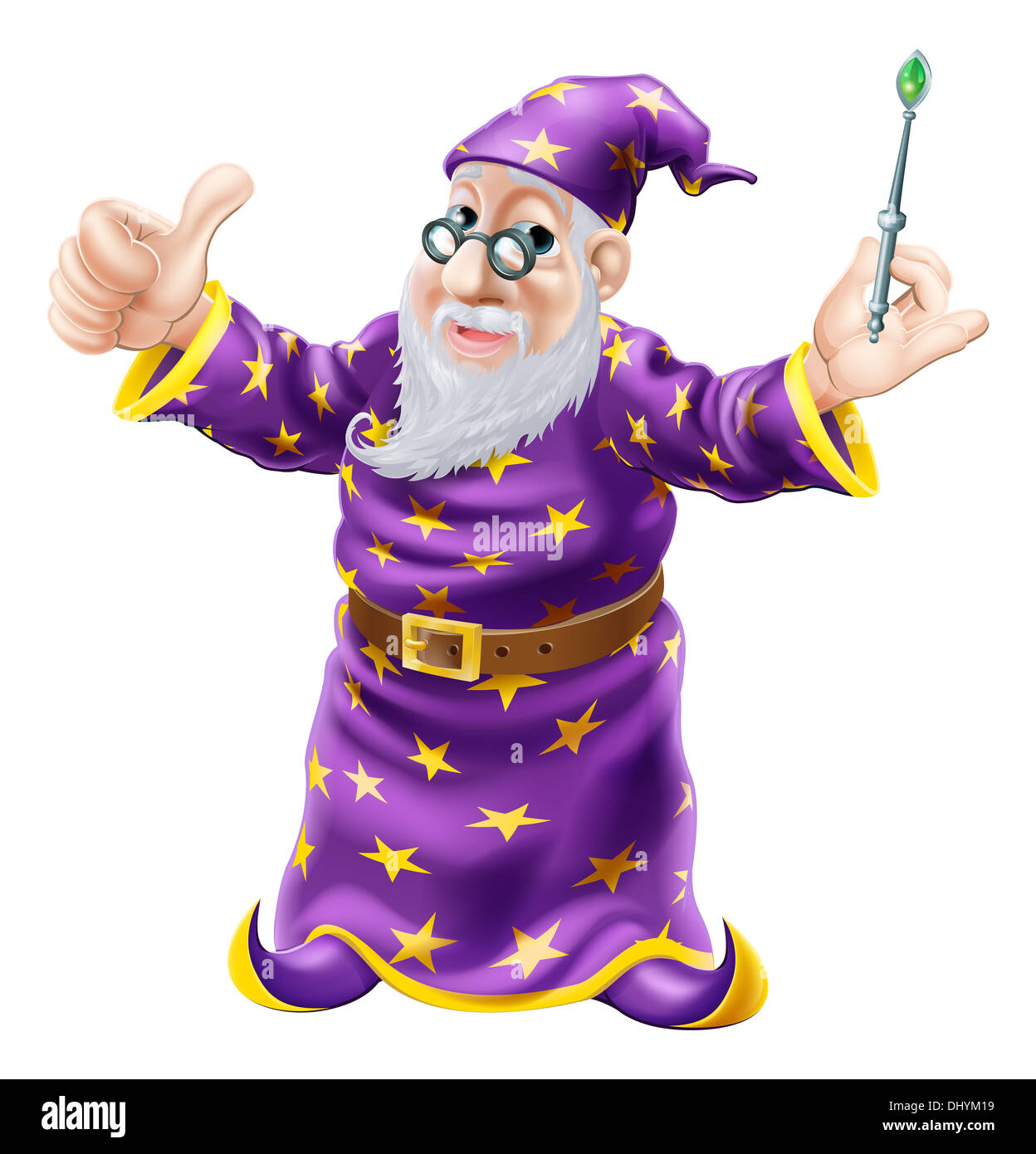 Illustrazione di un felice vecchio saggio carattere guidata tenendo una bacchetta un facendo un pollice in alto gesto Foto Stock