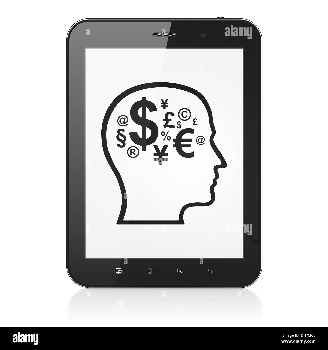 Il concetto di pubblicità: testa con il simbolo delle finanze su tablet Foto Stock