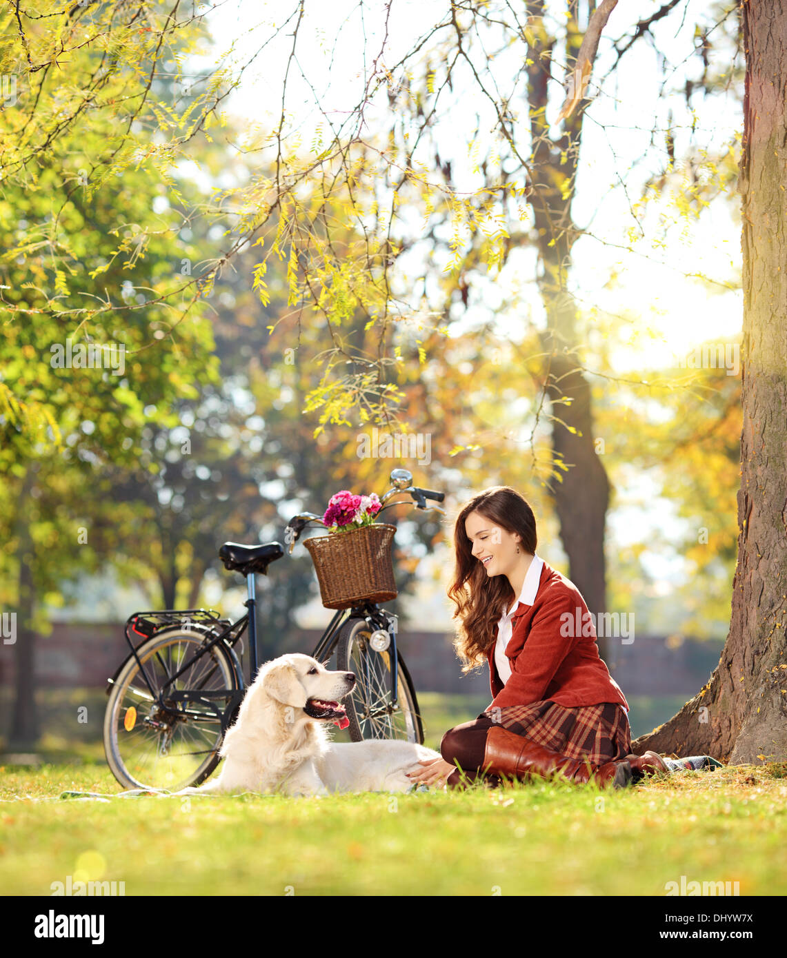 Bella femmina seduto con il suo labrador retriever cane in un parco Foto Stock
