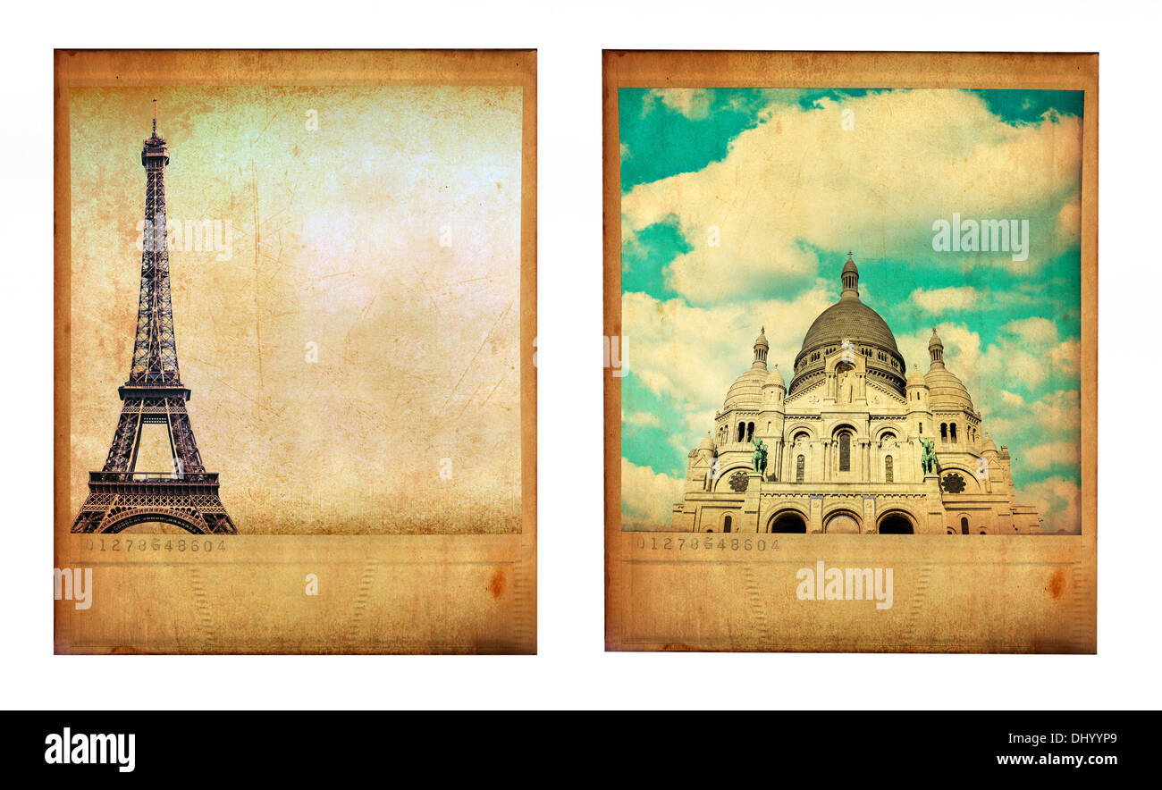 Coppia di due vintage foto di Parigi con la Torre Eiffel e il Sacre Coeur isolato su bianco Foto Stock