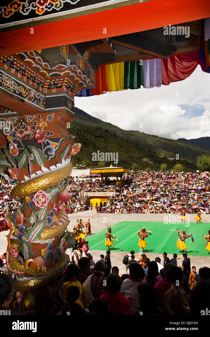 Il Bhutan, Thimpu Dzong, Tsechu annuale, riccamente decorate dipinte dell abate balcone Foto Stock