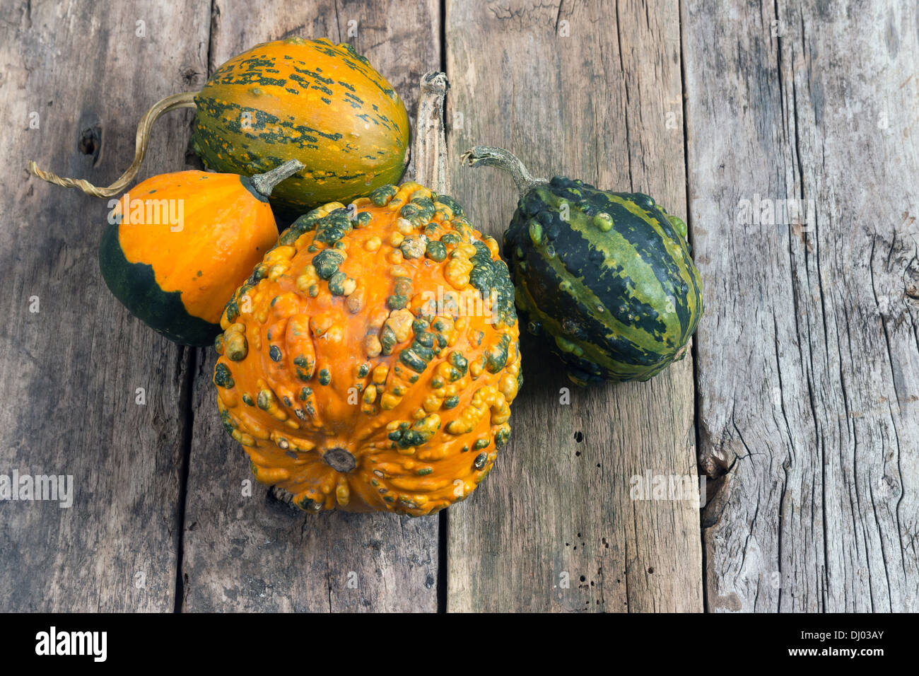 Le zucche su una tavola di legno , backrounds Foto Stock