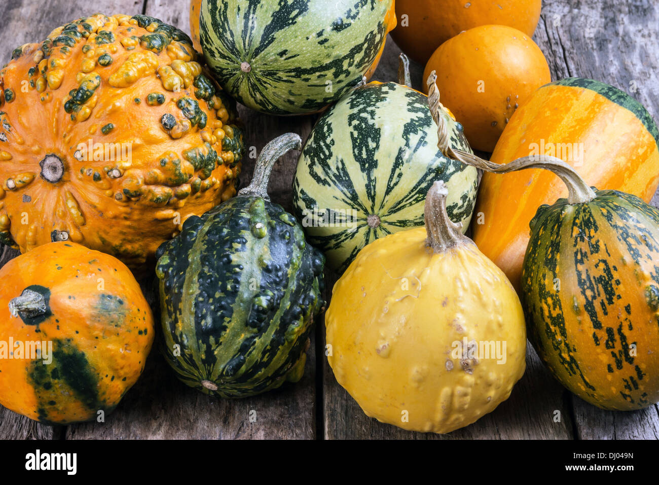 Le zucche su una tavola di legno , backrounds Foto Stock