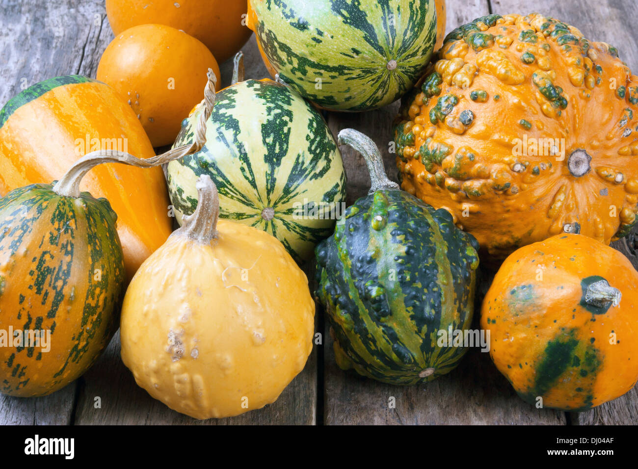 Le zucche su una tavola di legno , backrounds Foto Stock