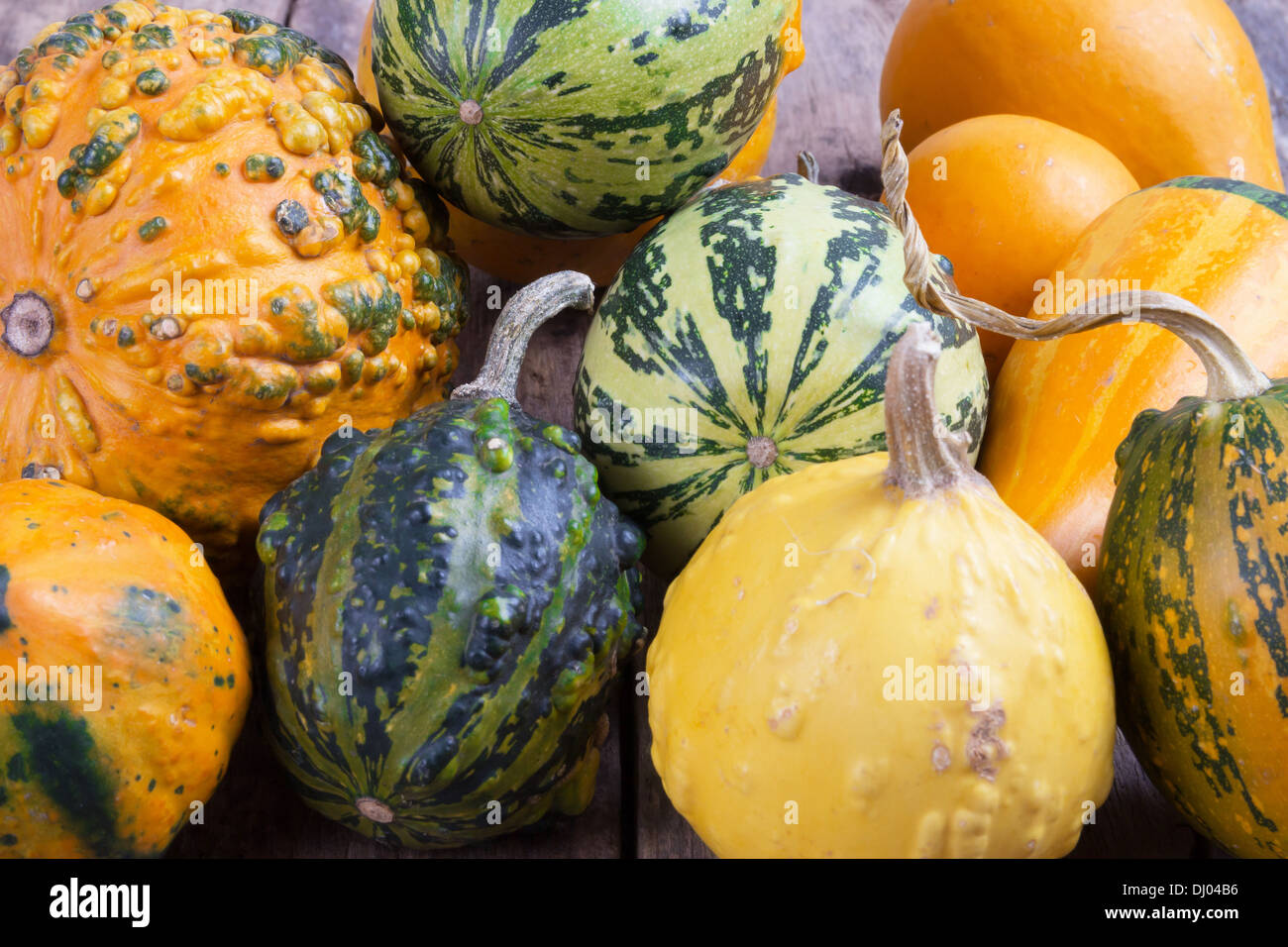 Le zucche su una tavola di legno , backrounds Foto Stock