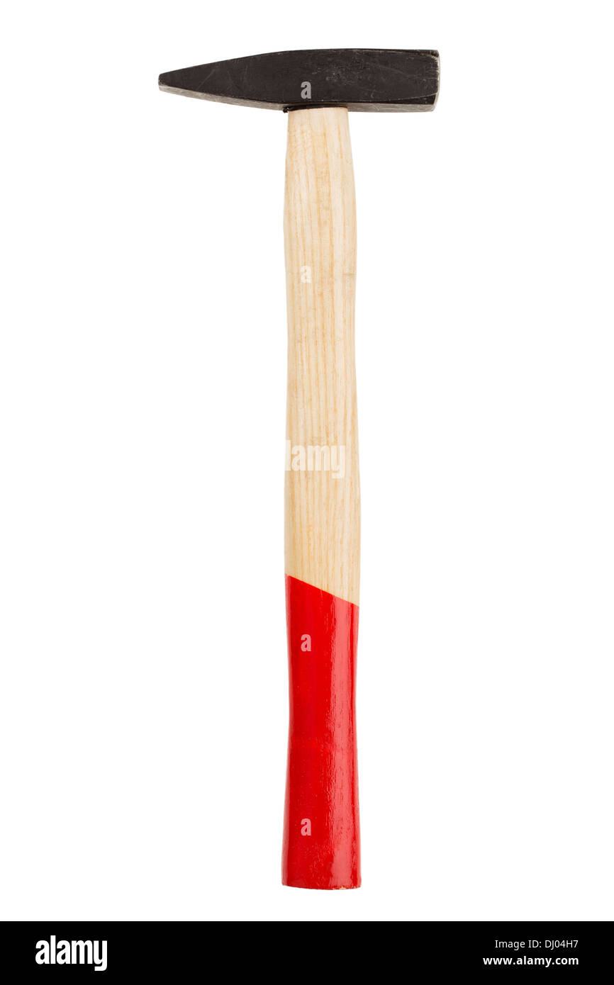 Close-up di uno standard di martello con testa metallica e manico in legno, isolato su sfondo bianco Foto Stock