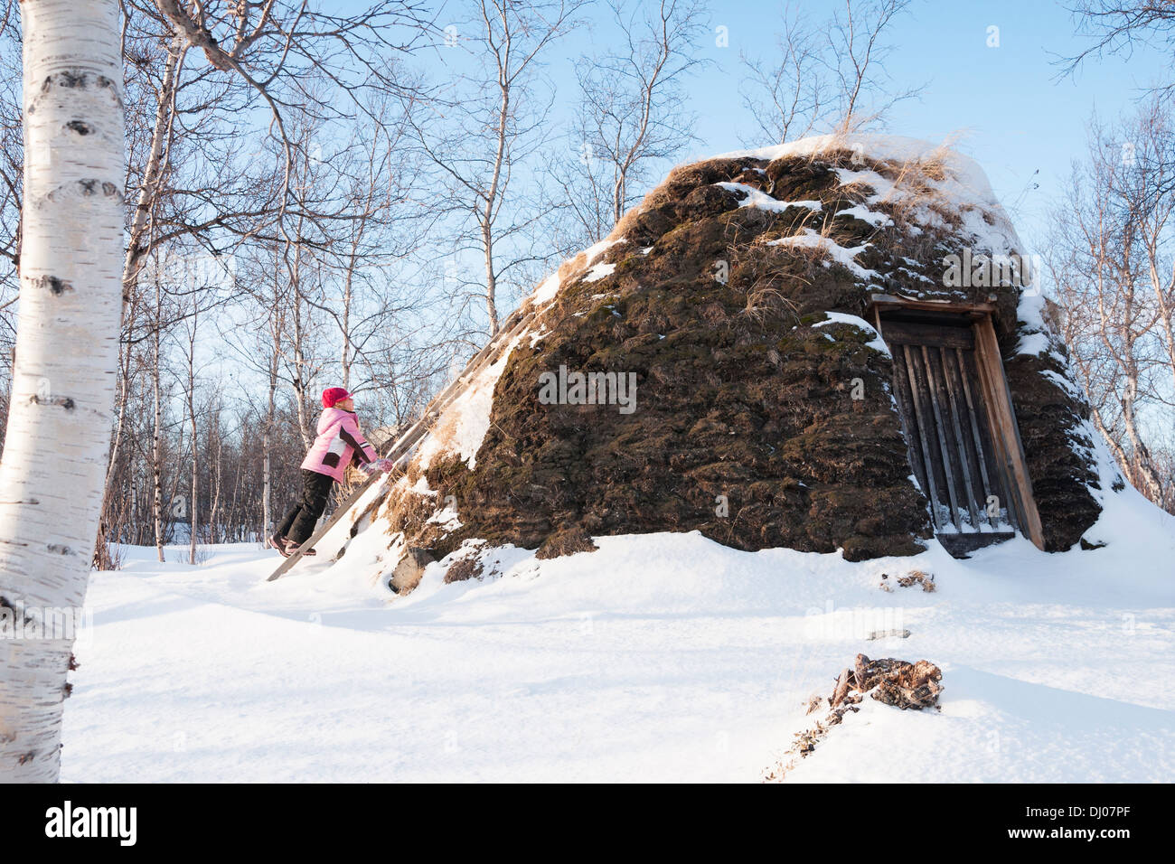 Una giovane ragazza esplora un tappeto erboso Sami Hut (Darfegoahti) in una foresta invernale, Abisko, Svezia Foto Stock