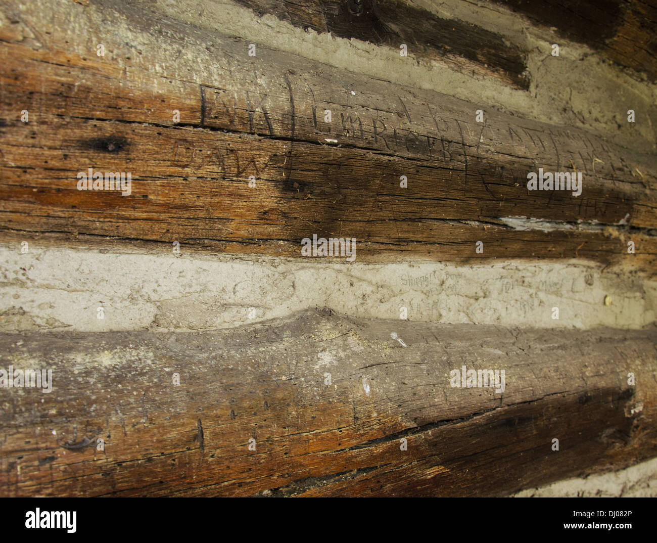 Primo piano dei log in il vecchio Settlers' Log Cabin in Dixon, Illinois, una città lungo la Lincoln Highway Foto Stock
