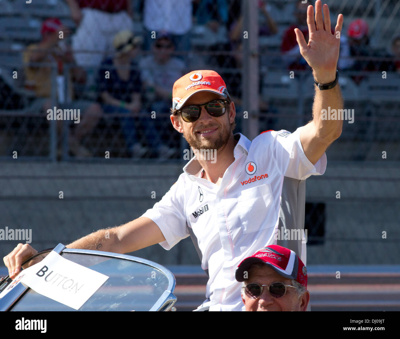 Driver di F1 Jenson Button al posto di sfilata di Formula 1 U.S. Il Grand Prix al circuito delle Americhe vicino a Austin, TX. Foto Stock