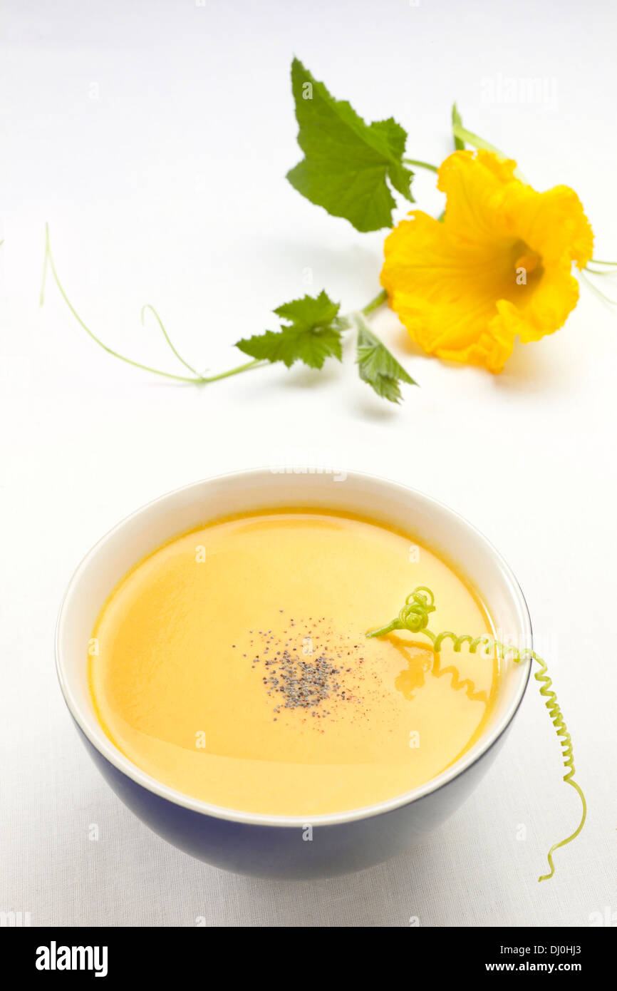 Ciotola di zuppa di zucca con semi di papavero e di fiori di zucca in  background Foto stock - Alamy