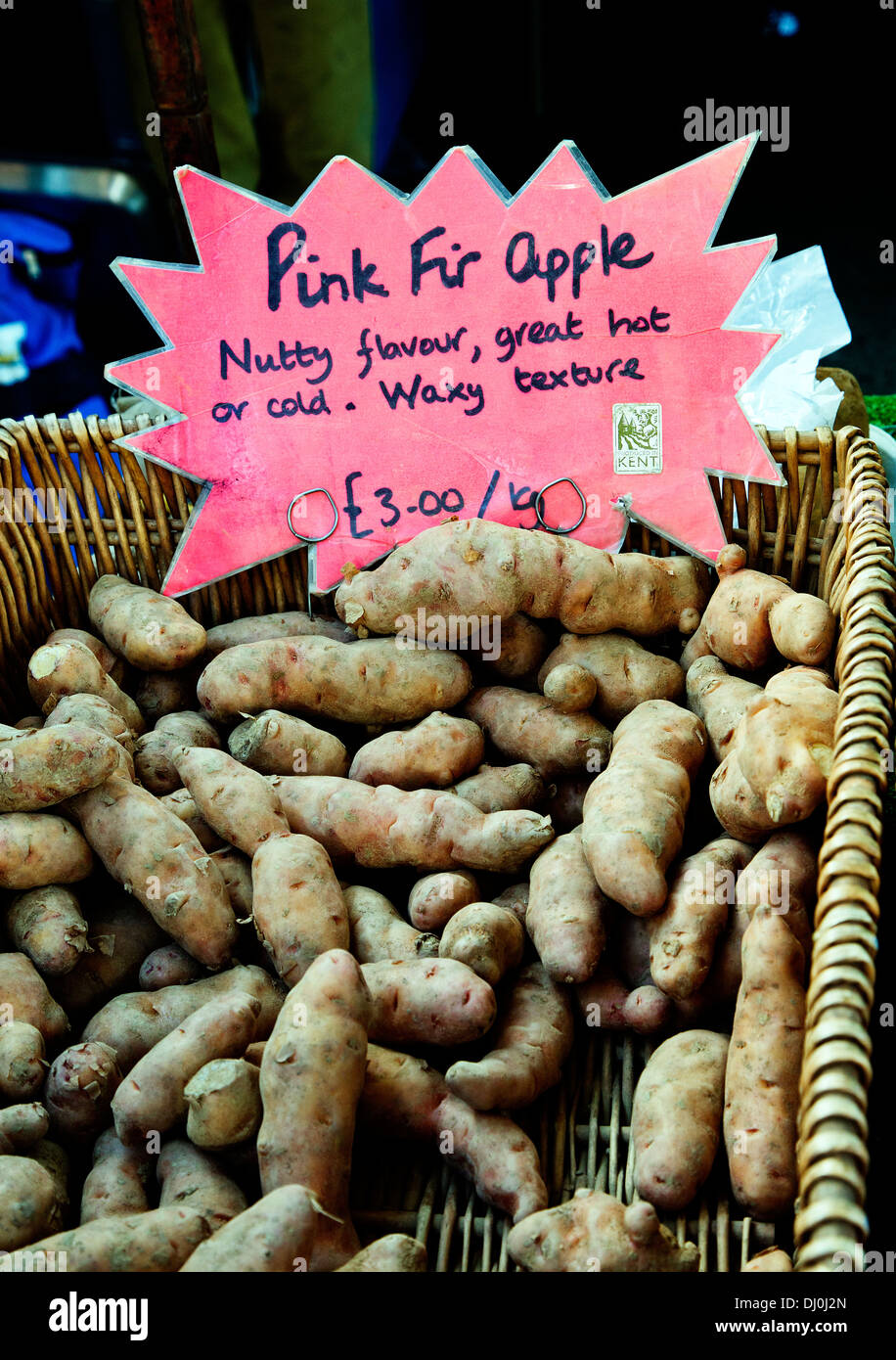 Rosa apple fir patate, stallo del mercato, London, England, Regno Unito, Europa Foto Stock