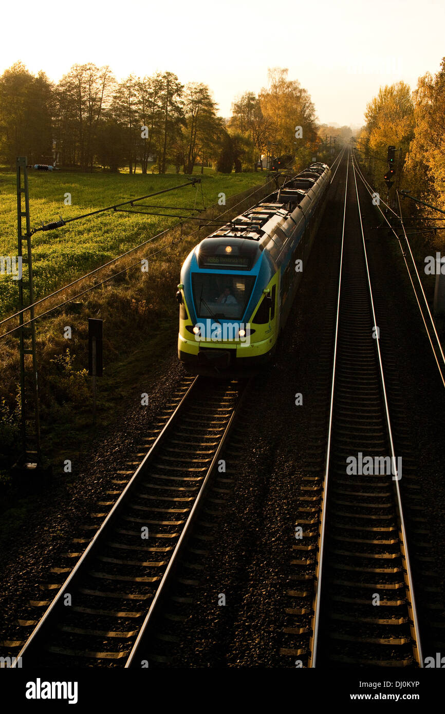 Einen Stadler FLIRT der WestFalenBahn als RB66 Münster(Westf)Hbf-Osnabrück Hbf auf der Rollbahn (KBS385 KM111 0) b. Osnabrück Foto Stock