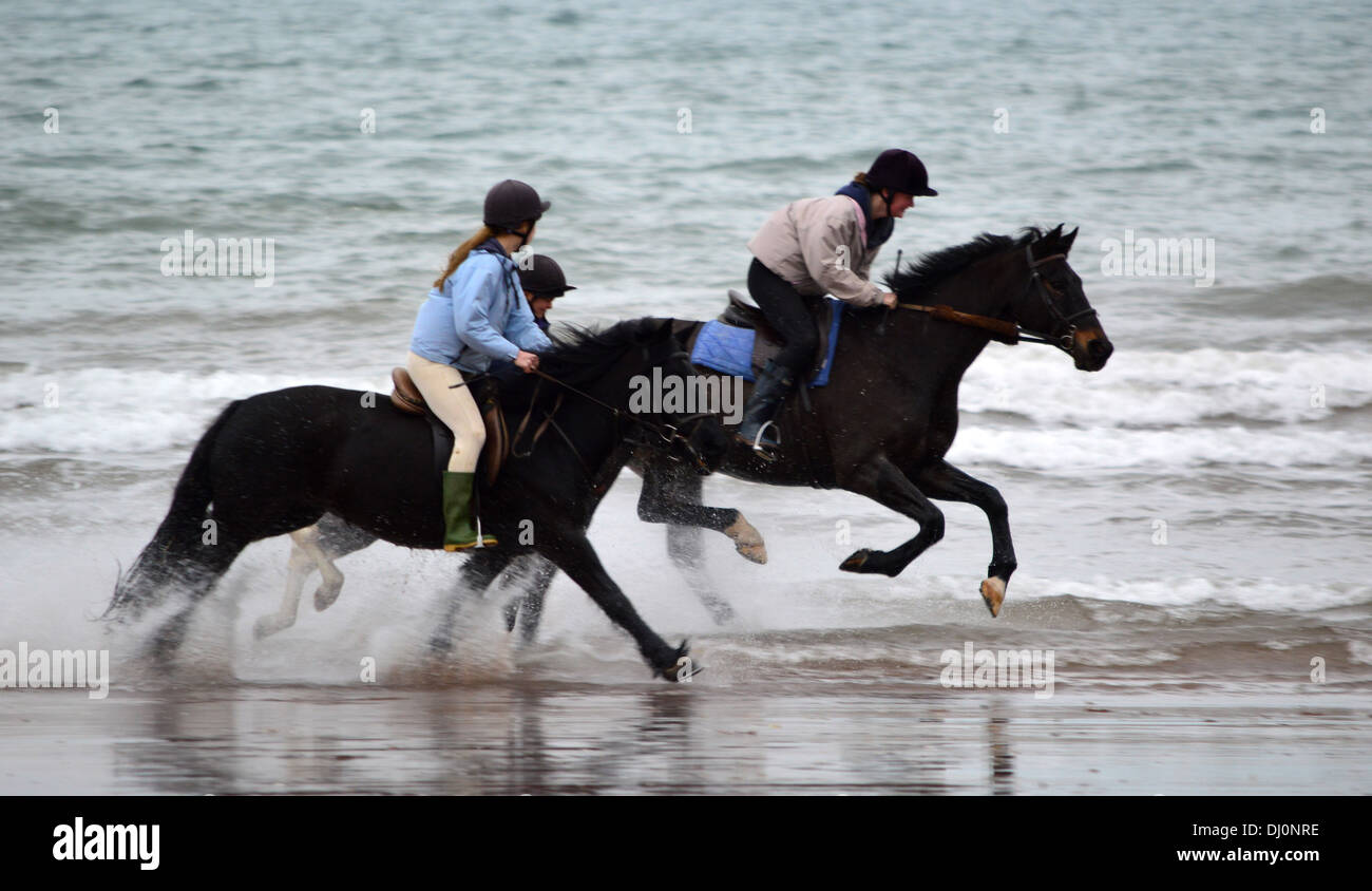 Cavalli al galoppo sulla spiaggia di Paignton, Torbay, Devon, Inghilterra, Regno Unito Foto Stock