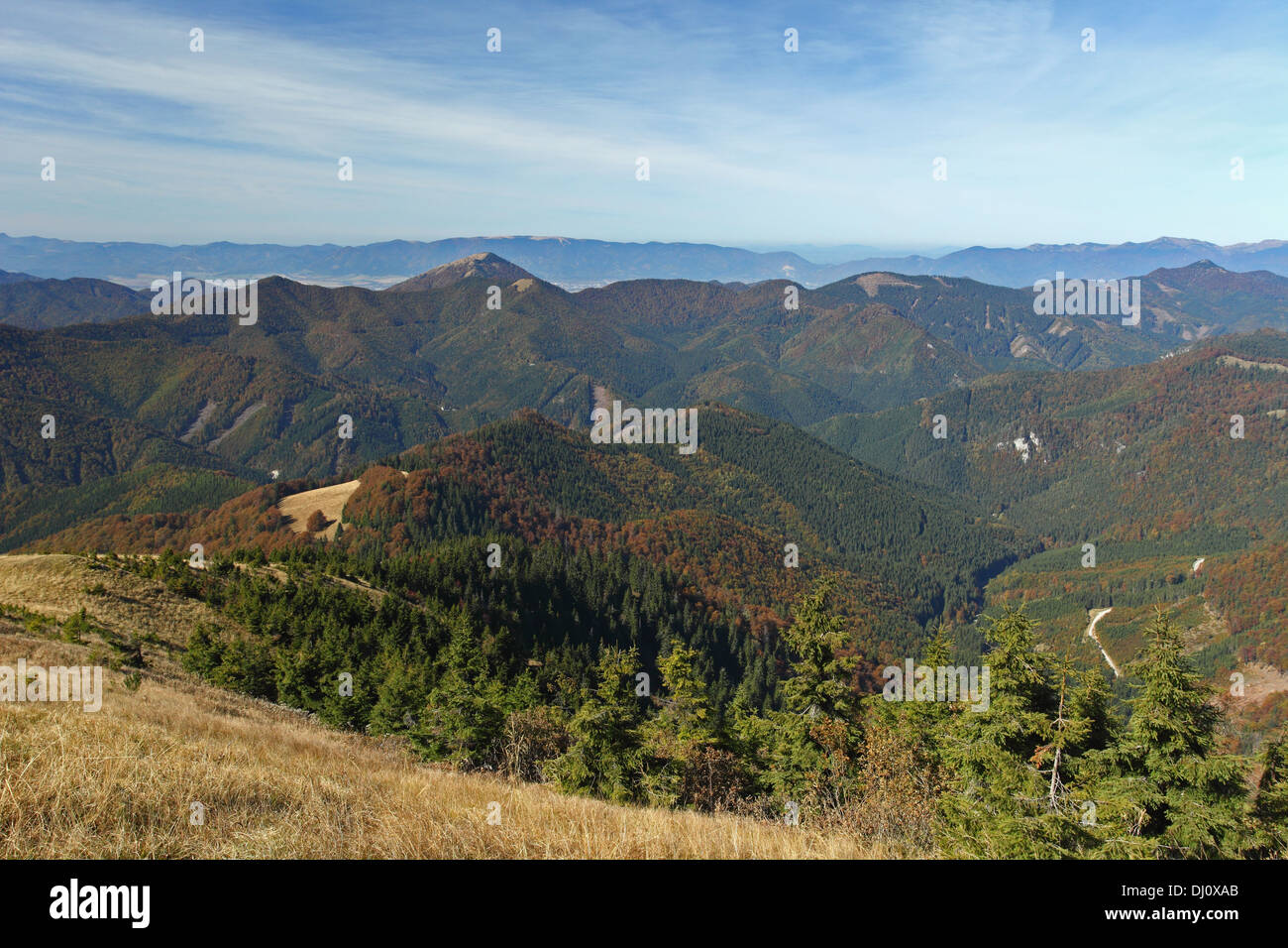 Velka Fatra dal vertice di Rakytov, vista su Lubochnianska dolina verso Lysec e Mala Fatra montagne, Slovacchia. Foto Stock