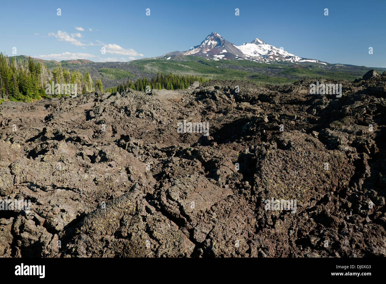Il flusso di lava a nord di McKenzie Pass e il nord e il centro delle Suore di Pacific Crest Trail, in Mount Washington deserto. Foto Stock