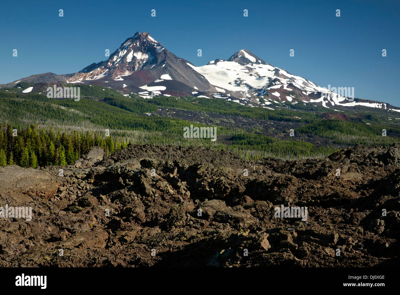 Il flusso di lava a nord di McKenzie Pass e il nord e il centro delle Suore di Pacific Crest Trail, nel Mount Washington deserto. Foto Stock