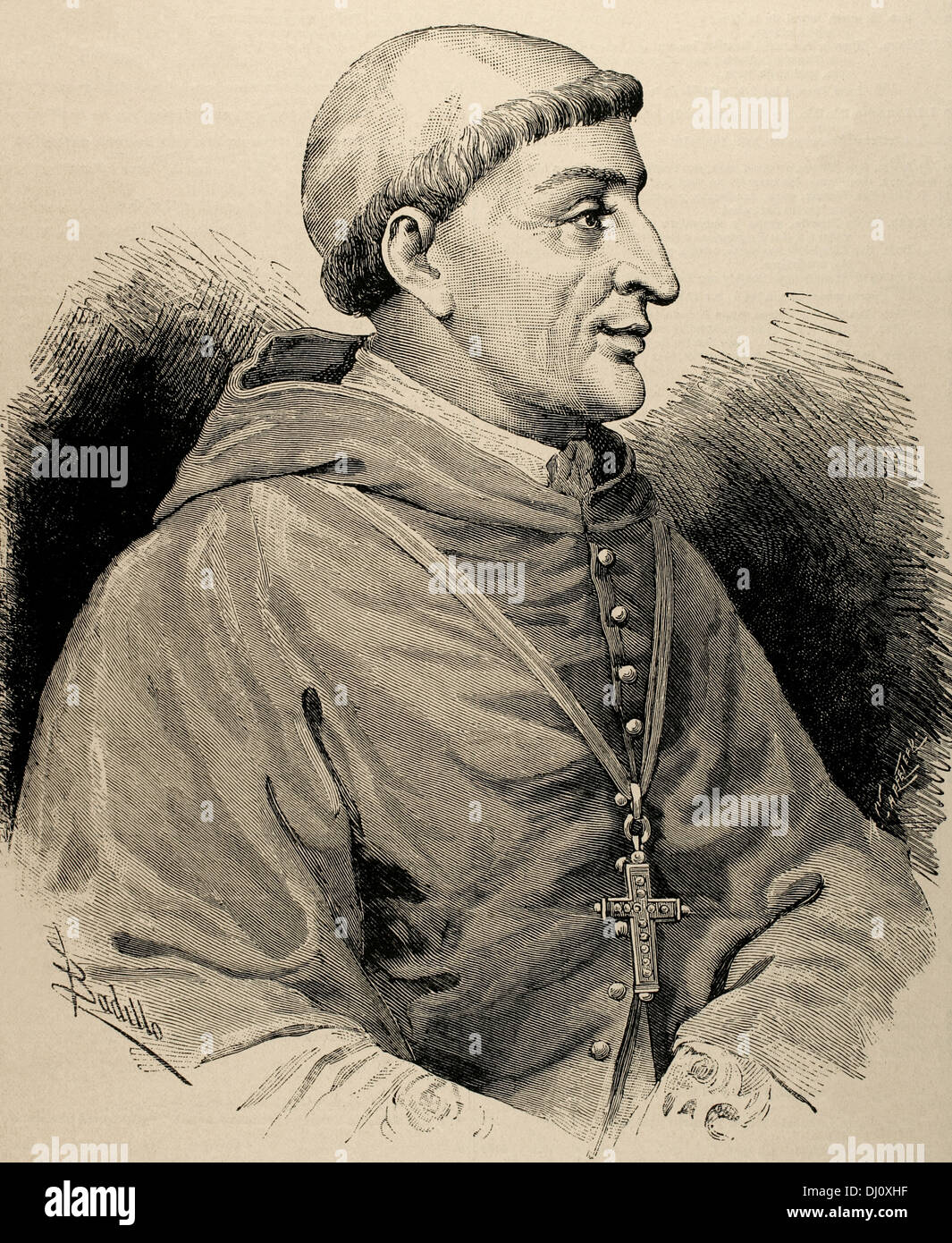 Francisco Jimenez di Cisneros (1436-1517). Cardinale spagnolo e più. Incisione di Carretero. La Ilustracion, 1887. Foto Stock