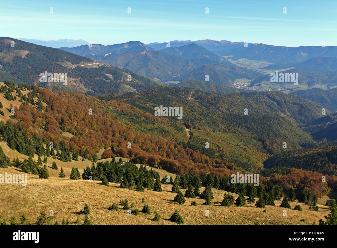 Vista panoramica dalla cima del Rakytov (Velka Fatra) verso Nizke Tatry montagne, Slovacchia. Foto Stock