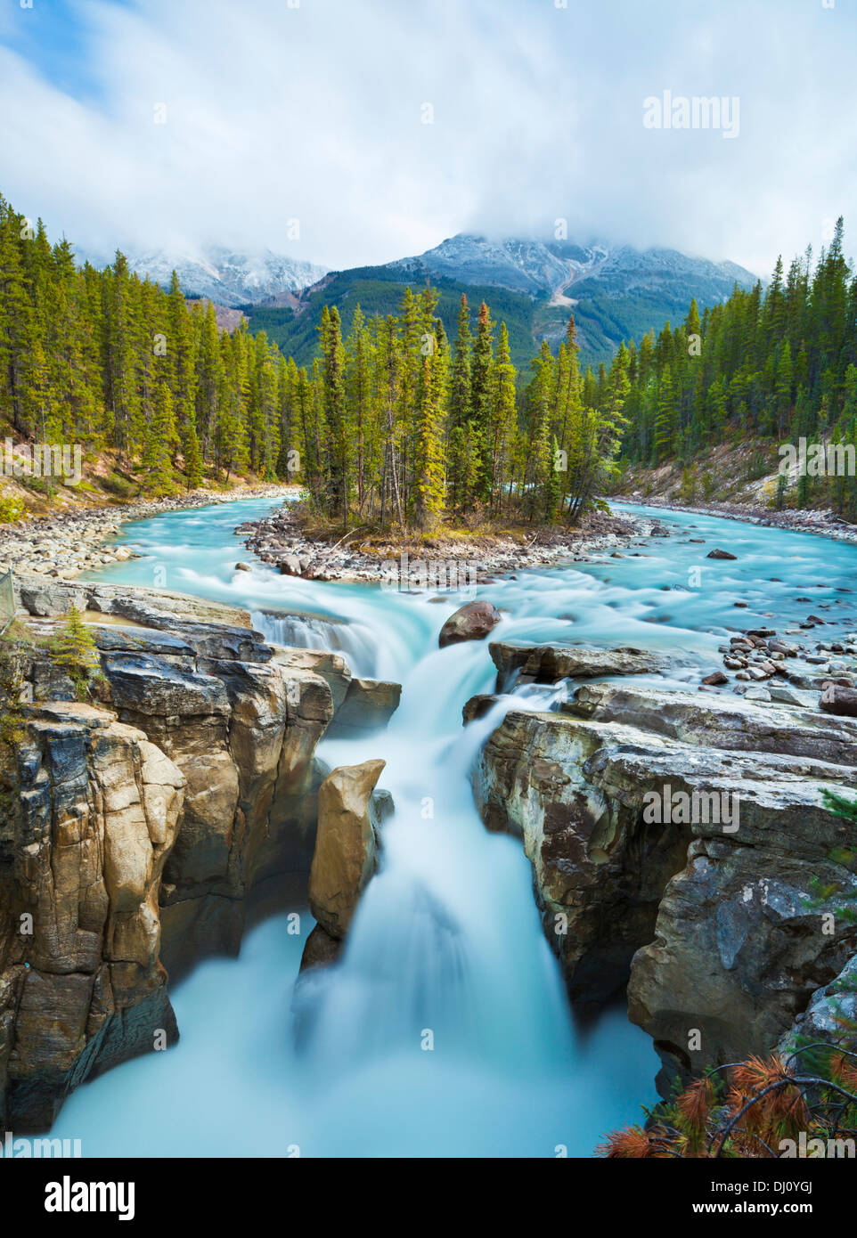 Sunwapta cade sul fiume Sunwapta Icefields Parkway del Parco Nazionale di Jasper Alberta Canada America del Nord Foto Stock