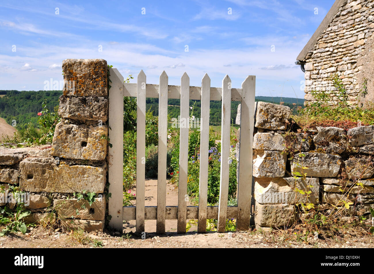 Piccolo cancello bianco tra le pietre di un muro basso che si affaccia su un giardino di campagna Foto Stock