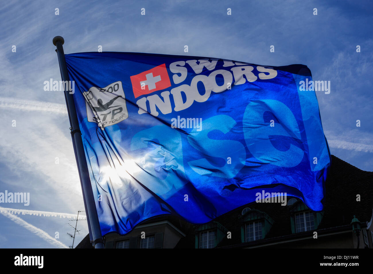 Una bandiera per la pubblicità delle Swiss tennis indoor campionati. La Swiss dentro in un Torneo ATP. Foto Stock
