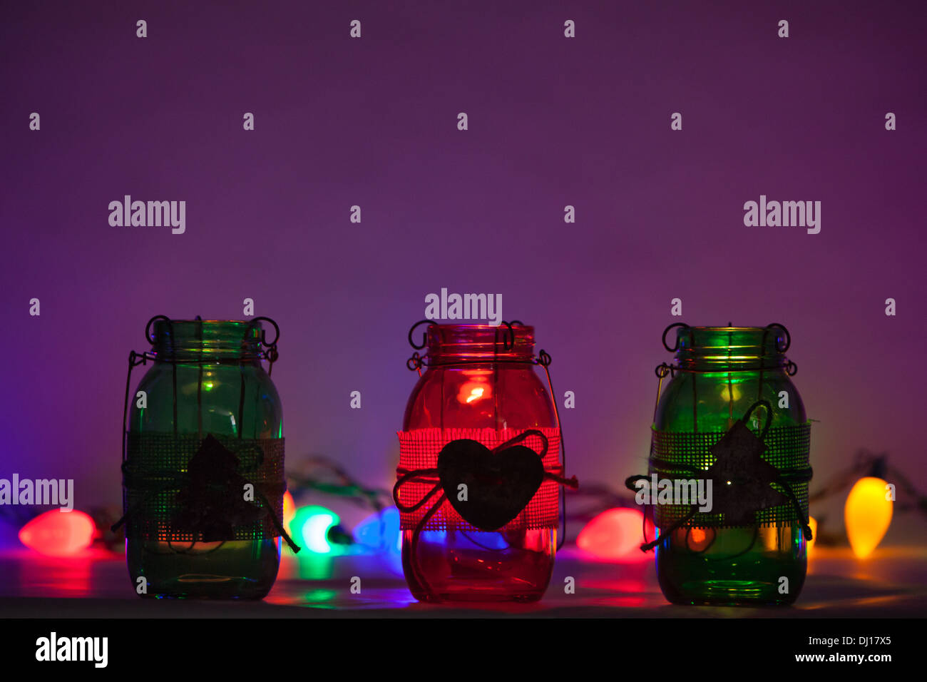 Natale vasetti di vetro con luci Foto Stock