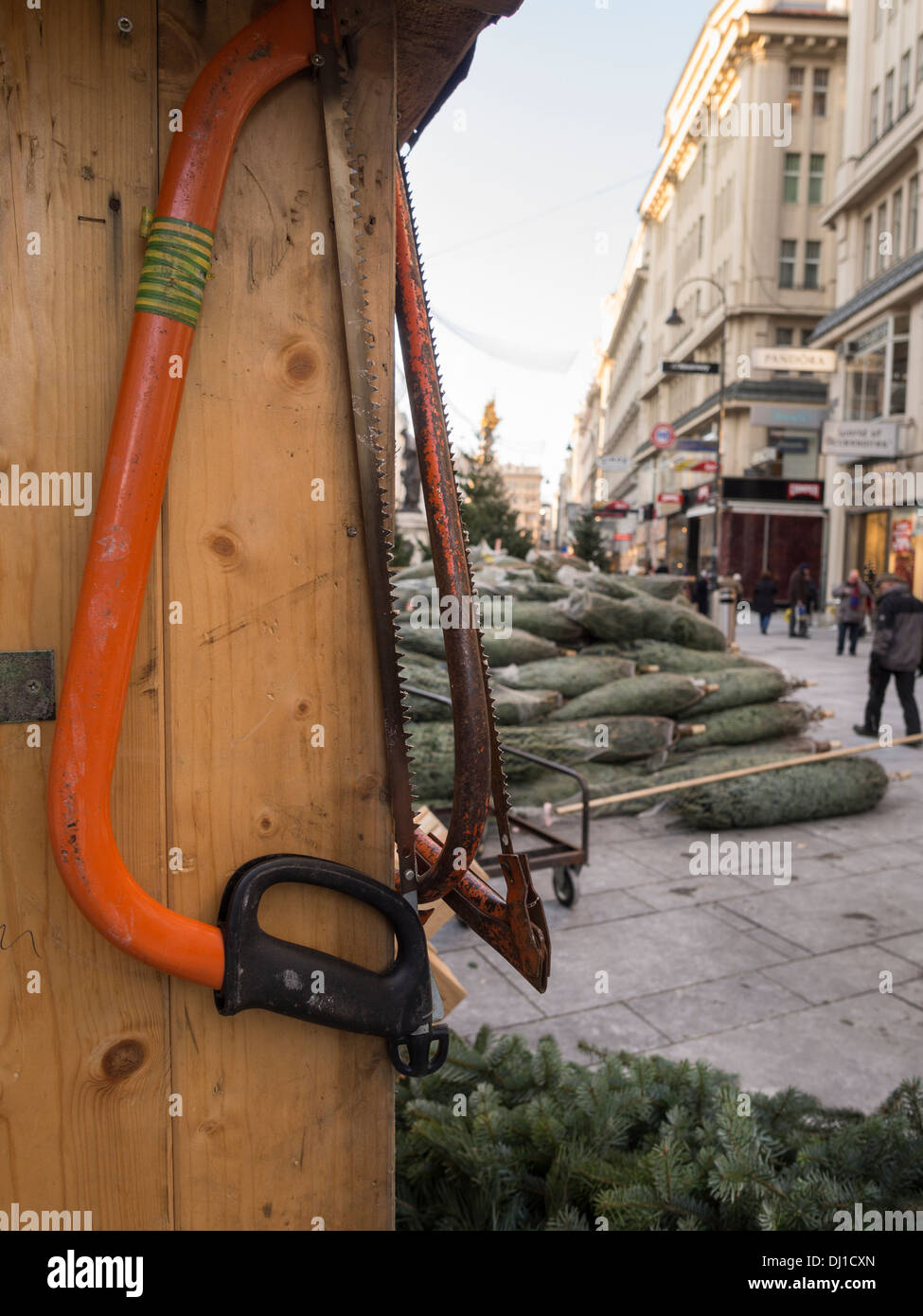 Seghe presso il pronto sul Graben. Svedese seghe appendere su una capanna circondata da appena consegnato gli alberi di Natale sulla strada principale per lo shopping Foto Stock