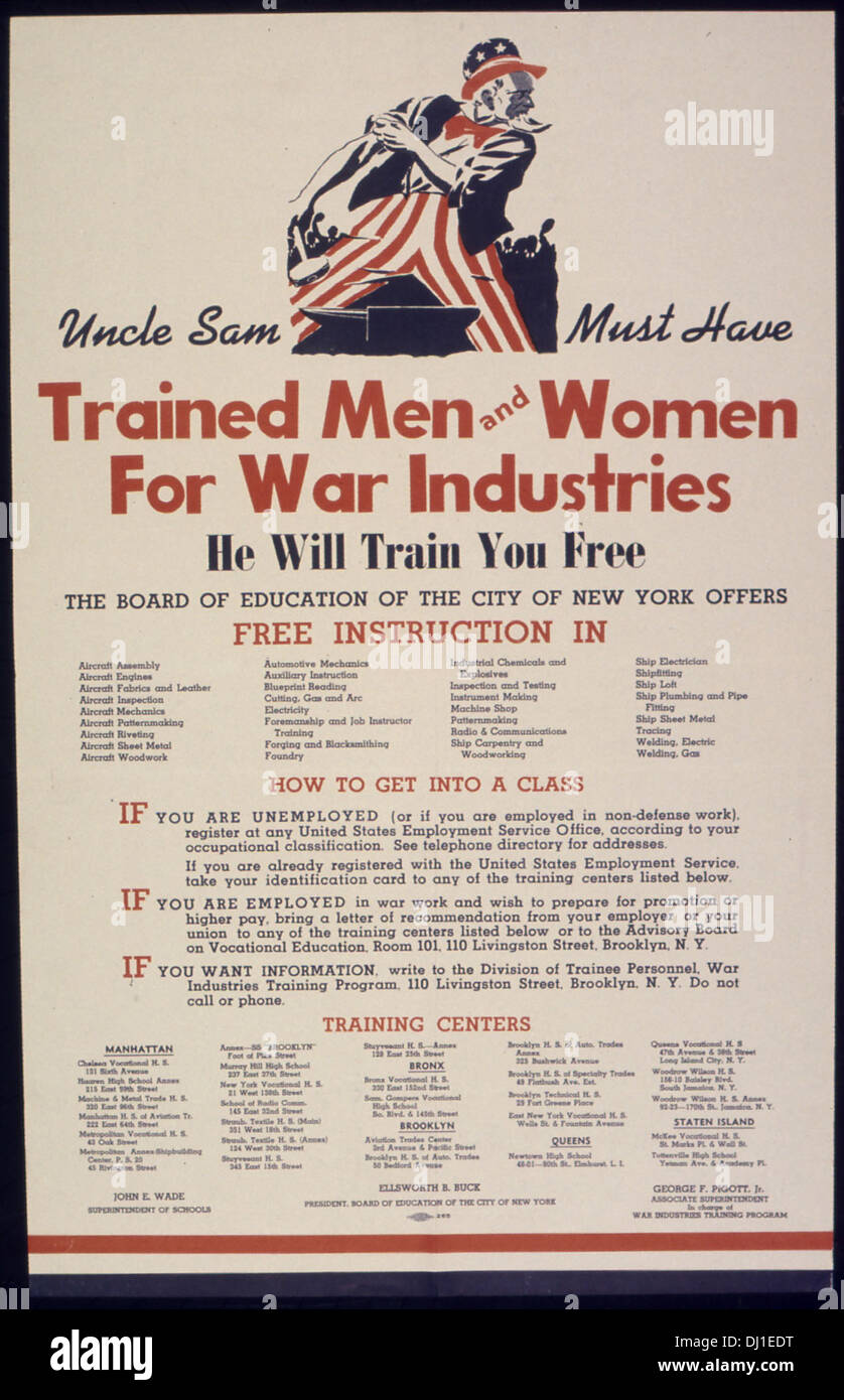 Questo poster della seconda guerra mondiale sottolinea l'importanza di formare i lavoratori per le industrie belliche a sostegno dell'esercito statunitense. Sottolinea la necessità di manodopera qualificata in vari settori per contribuire a soddisfare le richieste dello sforzo bellico, prodotto durante il picco della mobilitazione in tempo di guerra. Foto Stock