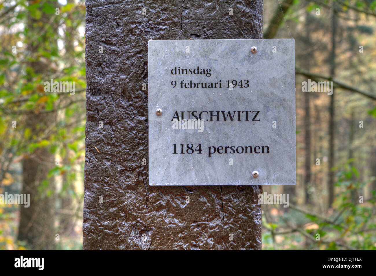 Segno che indica il trasporto di Auschwitz nel campo di Westerbork, Paesi Bassi Foto Stock