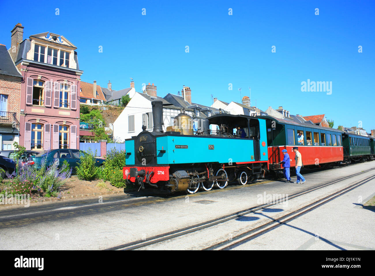 Chemin de fer de la Baie de Somme, treno a vapore ferrovia, Quai Lejoille, St Valery sur Somme, Somme Picardia, Francia Foto Stock