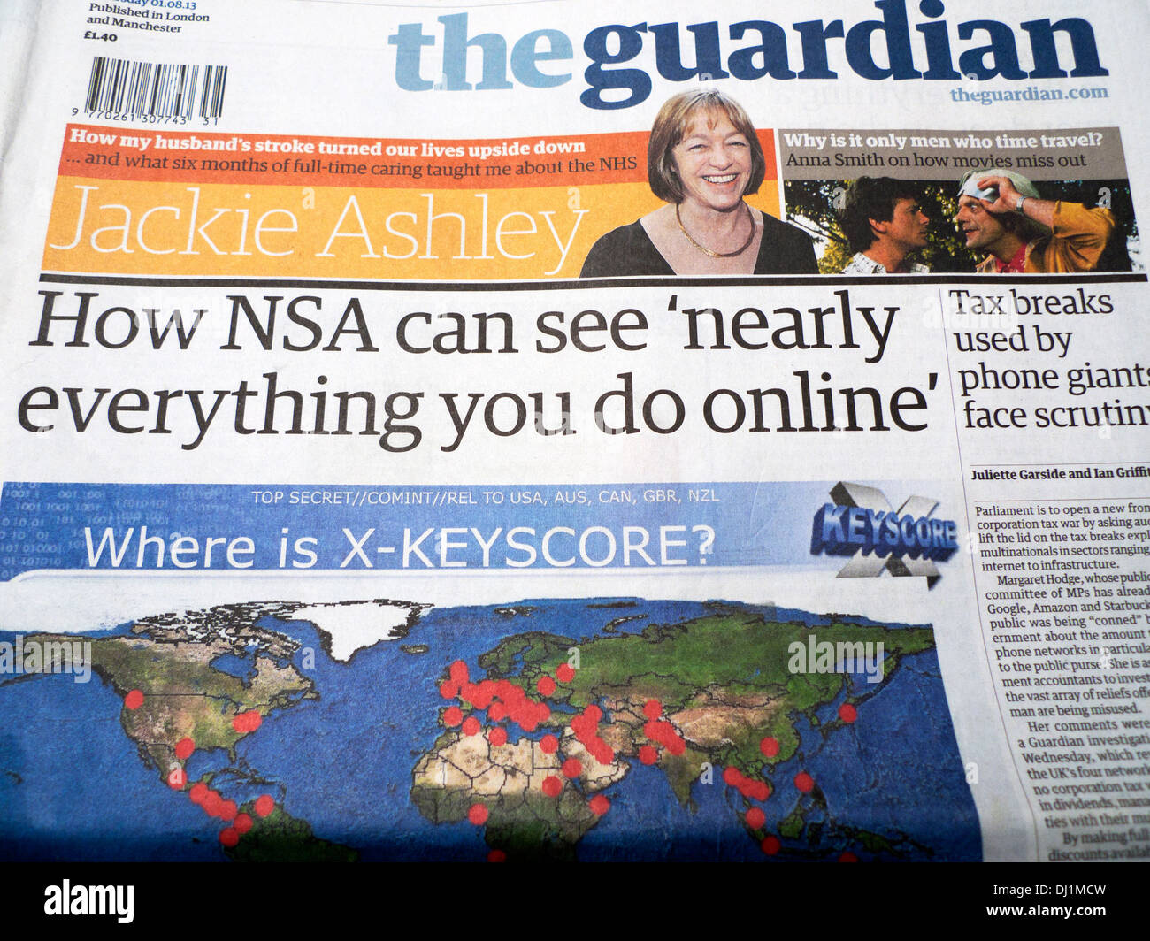 'Come NSA può vedere "quasi tutto ciò che voi fate on line' ' pagina anteriore del Guardian di Londra 1 Agosto 2013 Foto Stock