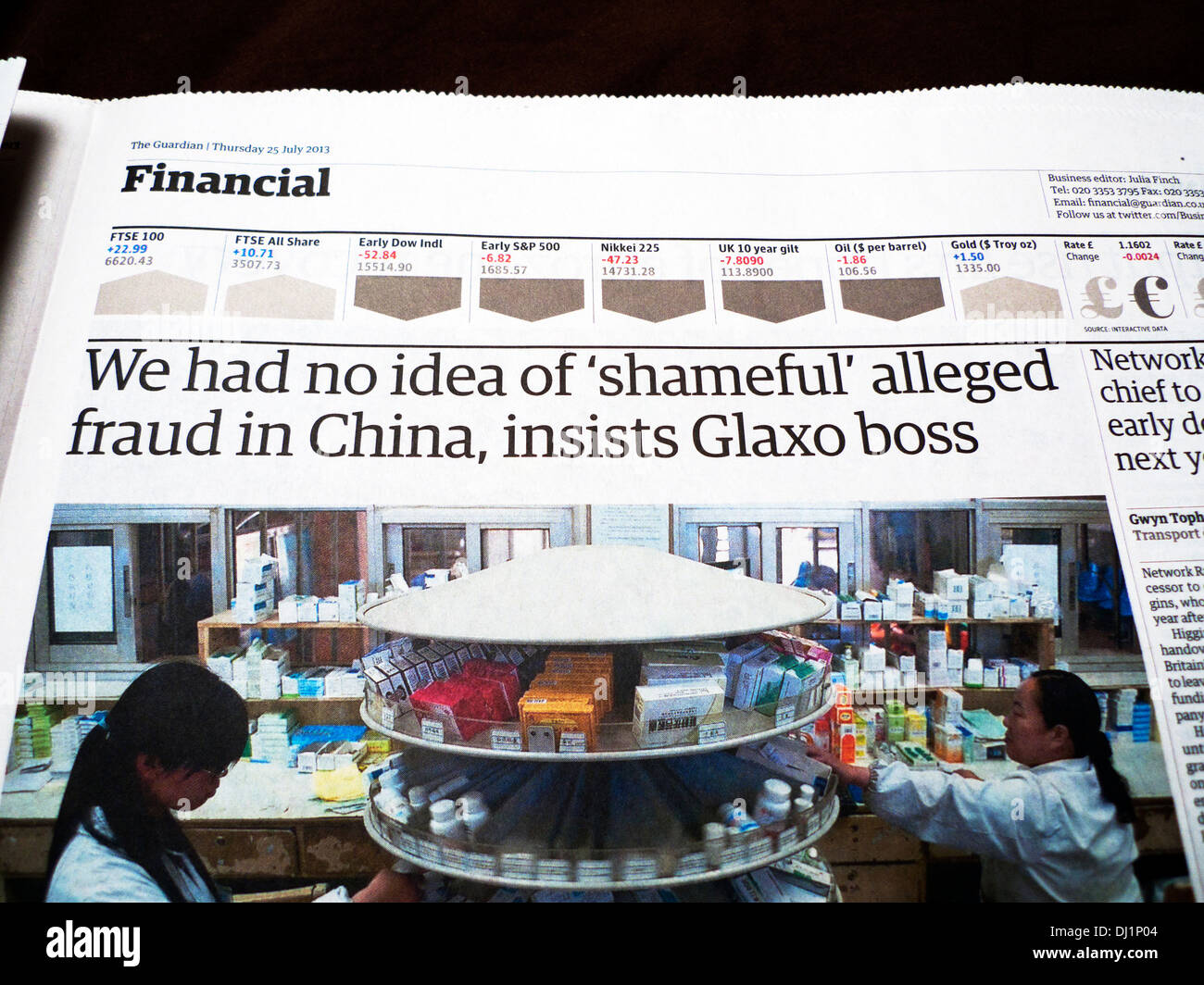 "Non avevamo idea di.'shameful' presunta frode in Cina, insiste Glaxo boss' articolo del Guardian di Londra REGNO UNITO Foto Stock