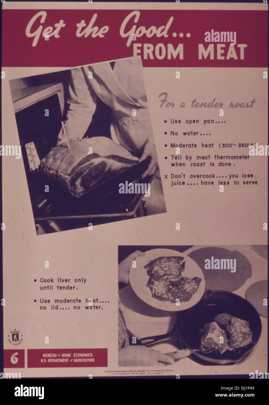 Questo manifesto propagandistico della seconda guerra mondiale incoraggia i cittadini a sfruttare al meglio le risorse di carne utilizzandole con saggezza. Sottolinea l'importanza del razionamento e del contributo allo sforzo bellico globale sostenendo la conservazione degli alimenti. Foto Stock